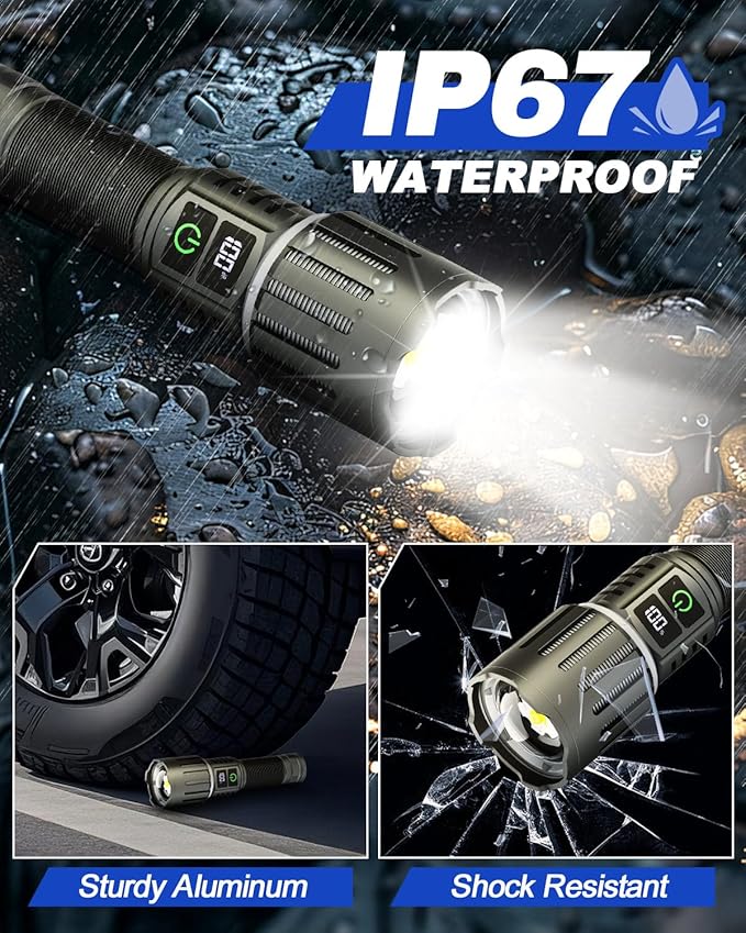 Victoper Rechargeable Flashlight, Titanium 5 Modes Zoomable Flash Light, Bright Real 1500 High Lumens Flashlights, LED Power Display Tactical Flash Lights Holster for Camping Hunting Essential Men