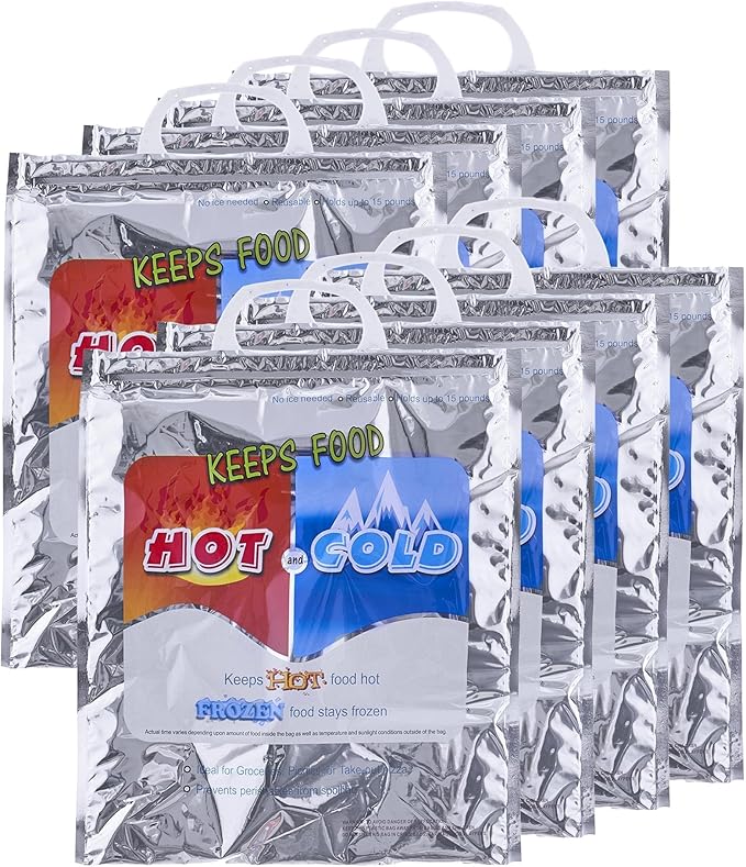 Superio Hot and Cold Insulated Bags for Food Delivery, Grocery Shopping Bags, Food Storage for Hot and Frozen Food for Travel, Disposable Cooler Bag, Reinforced Thermal Lunch Bag (8, 12"x13.5")