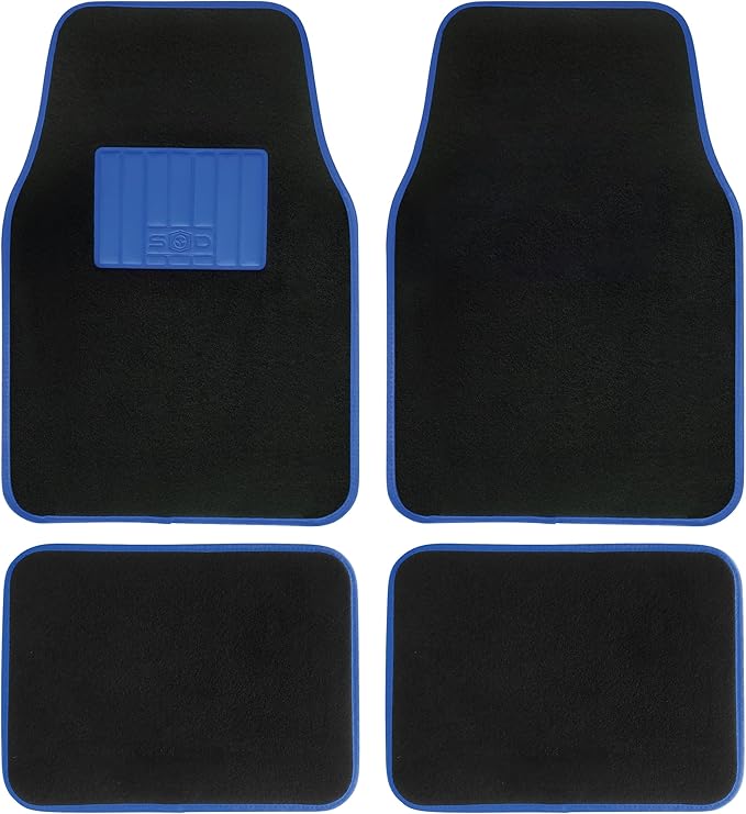 Universal Car Mats Rubber Tread Blue Trim Anti Slip Washable Front 45x65cm Rear 44x33cm