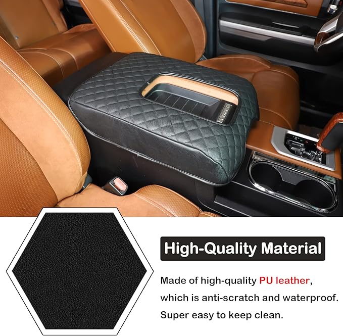 Aunginsy Leather Center Console Armrest Cover Compatible with Toyota Tundra 2014-2021, Car Armrest Pad Seat Box Cover Cushion Lid Anti-Scratch Protector Waterproof Plaid Black Interior Accessories