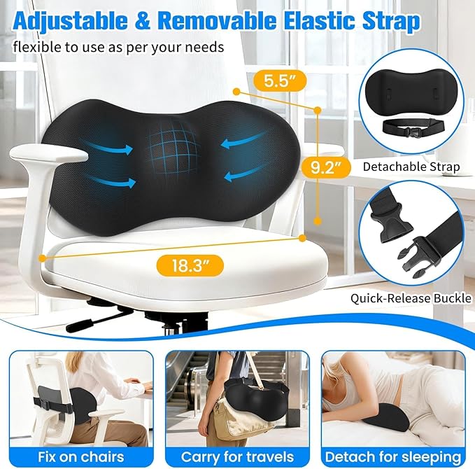 Lumbar Support Pillow for Office Chair - Memory Foam Lumbar Pillow with Detachable Strap & Breathable Cover, Ergonomic Back Support for Office Chair, Car, Bed Rest (Black)
