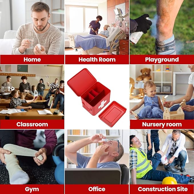 Flexzion First Aid Box Organizer, Empty 8.5 Inch Red Vintage First Aid Kit Tin Metal Medical Box First Aid Storage Box Container Bins with Dividers, Removable Tray and Cross Logo