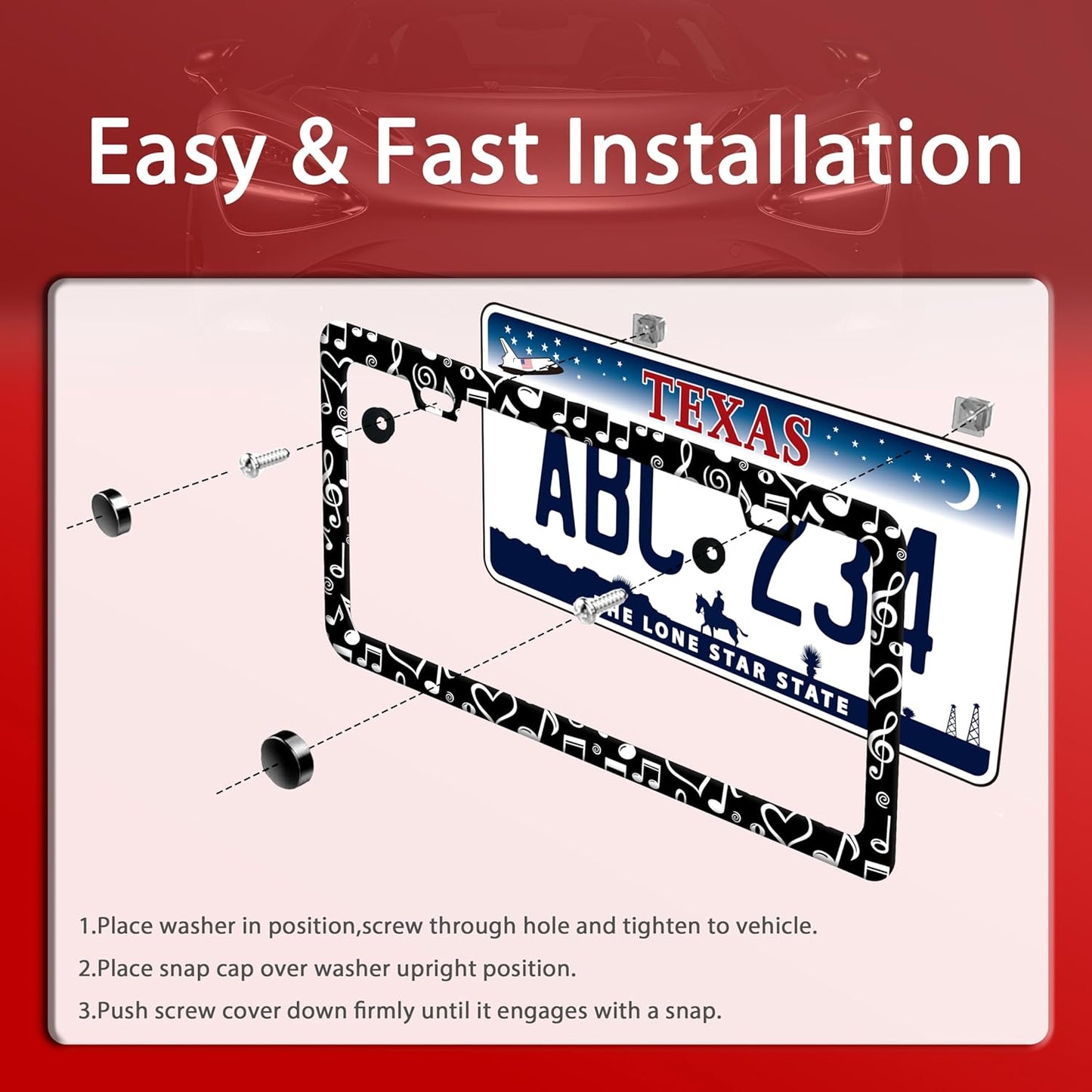 Music Note License Plate Frame Funny Musical License Plate Frames Stainless Steel Accessories Cars Decor with 2 Holes and Screws Fits Standard Us Ca Vehicles License Plate Holder 12.2 X 6 Inch