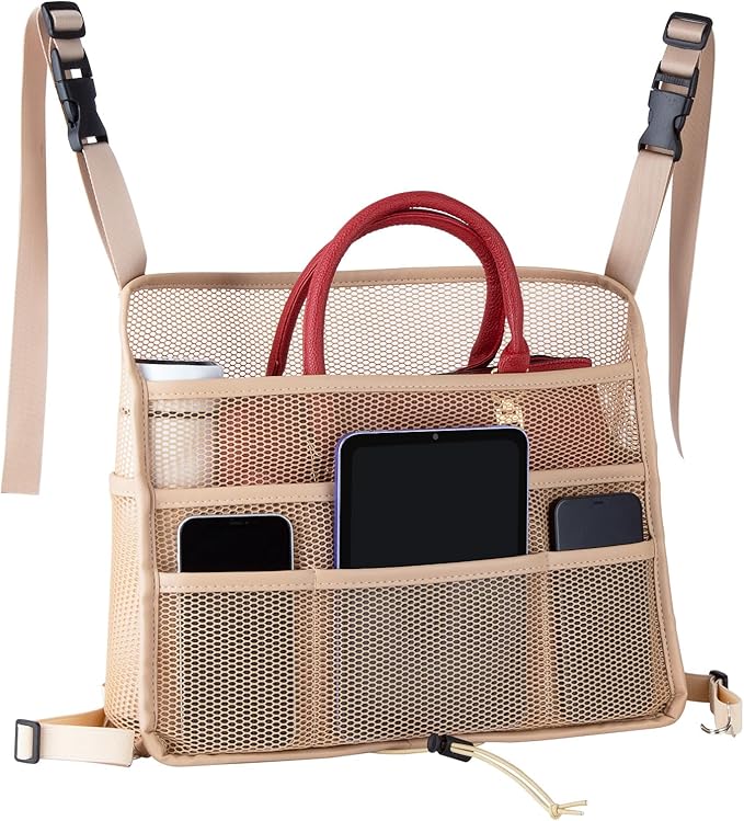 eing Car Net Pocket Handbag Holder Between Seats Back Storage Organizer 3 - Layers Purse Holder for Console Front Seat Storage Barrier, Beige