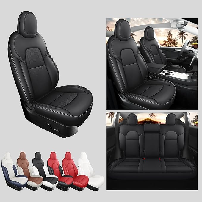 for Tesla Model Y Seat Covers Black Tesla Car Seat Cover 12pcs Waterproof Nappa Leather Seat Cover Fully Wrapped Customized for Tesla Model Y 2020-2024 (TY-Black)