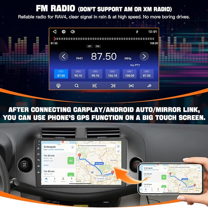 Car Radio Stereo for Toyota RAV4 2007-2012 Without JBL Sound System, Support Wireless Carplay/Android Auto/Mirrorlink, 10 Inch QLED Touchscreen with Bluetooth,FM Radio