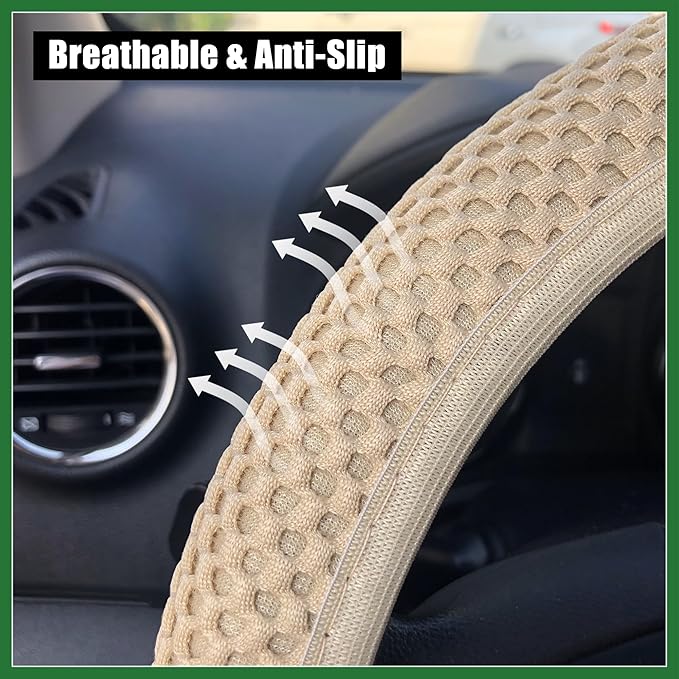 Motoforti Universal 15" Anti Slip Steering Wheel Cover Elastic Stretch Mesh Cloth Cover Accessory for Car Beige Long-Lasting