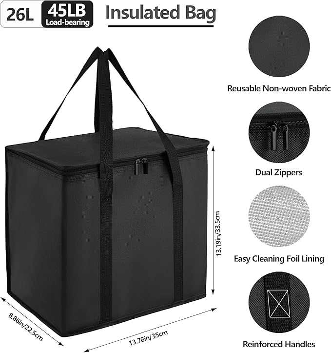 Reusable 6 Cup Drink Carrier with Handle and Insulated Food Delivery Bag, Portable Plastic Cup Caddy, 26L Grocery Cooler Box for Car Delivery, Travel, Picnic