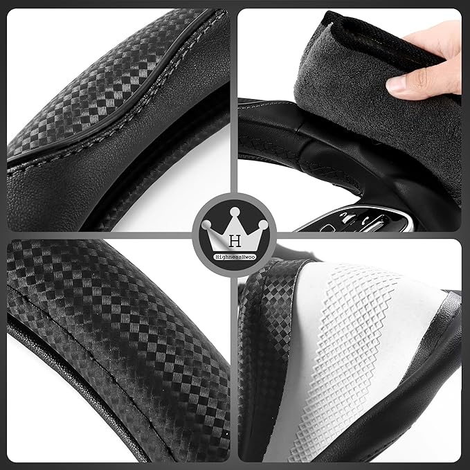 3D Car Steering Wheel Cover Comfort Grip Massage Sporty Anti-Slip Carbon Fiber Faux Leather for F150, Trucks, Jeep, Van, Car Handle Covers for All Seasons, 15.2-16in, Black