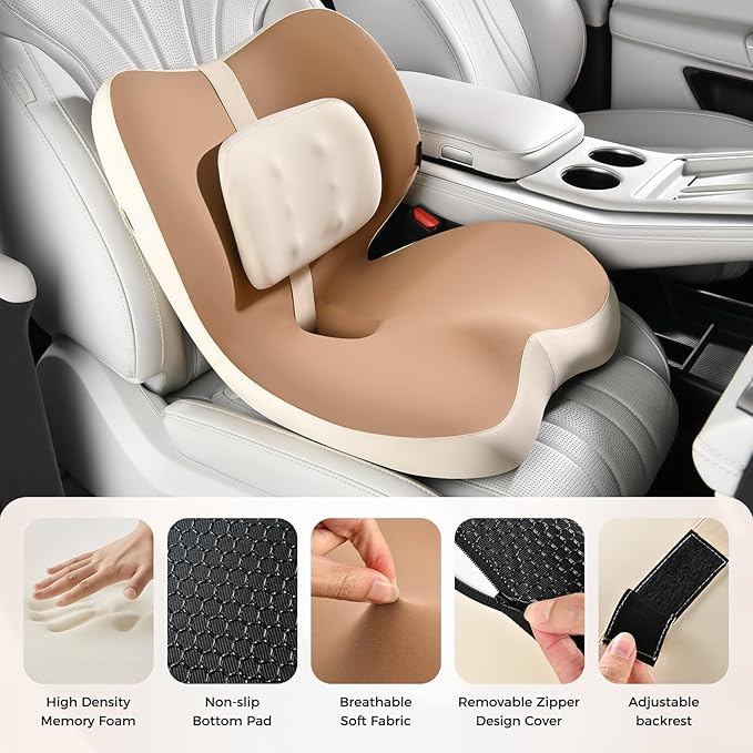 FLORICH 2 in1 Truck Seat Cushion and Lumbar Support Pillow Memory Foam Car Seat Cushion with Adjustable Strap for Truck Driver Long Drives, Fits Semi Truck Seat,Car,Office&Gaming Chair(Light Brown)