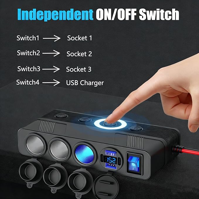 12V Cigarette Lighter Splitter with 10FT/3M Cable, 180W Car Charger Socket Multi 4 USB Port Adapter with LED Display Master and Independent Switch, 12 Volt Power Outlet Plug with Eyelet Terminal