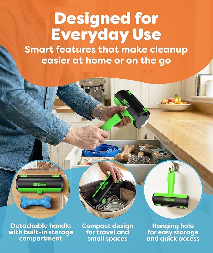 Triton Pet Hair Removal Tool w/Fur Trapping Compartment, 60% Smaller Storage Size, Reusable Shedding Roller, Cat and Dog Hair Remover for Car, Furniture, Carpet, Couch (Green)
