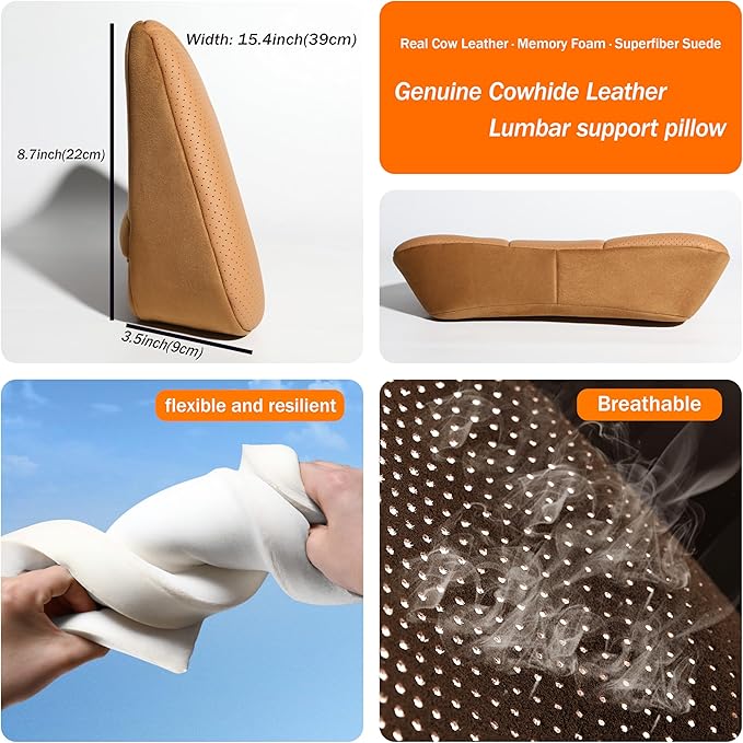 Genuine Leather Lumbar Support Pillow,Back Pain Relief Cushion,fits Tightly Around Waist,Real Cowhide,Memory Foam,fit Car Drive,Office Chair,Rest seat,Improve Posture,Portable,15.5''Lx 8.7''H