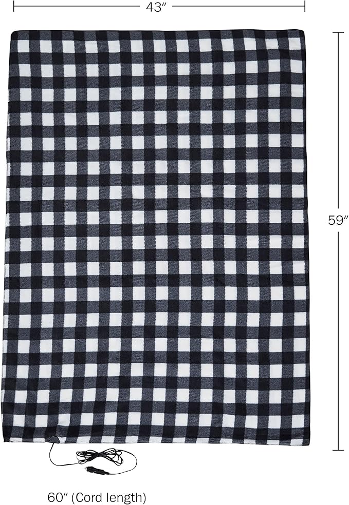 Heated Car Blanket - 12V Electric Travel Blanket for Car, Truck, SUV or RV - Portable Heated Throw for Road Trips, Camping or Winter Emergency Kit for Cold Weather Travel by Stalwart (Black Plaid)