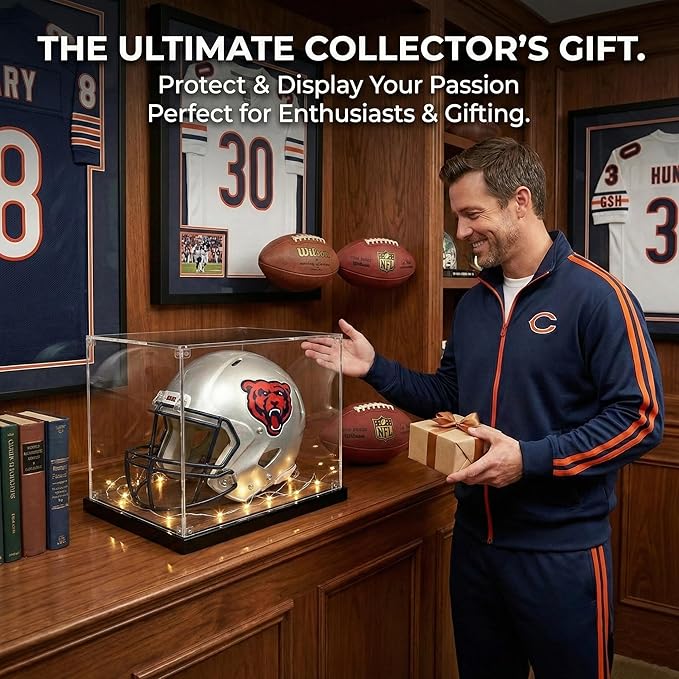 Football Helmet Display Case with Light Strip, Full Size Helmet Display Case with Wood Grain Base, UV Protection Helmet Showcase for Football, Hockey, Baseball, Motorcycle Helmets, Memorabilia Sports