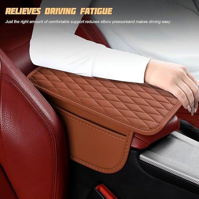 Car Center Console Cover, Leather Vehicle Armrest Seat Box Cushion Pad with Storage Bags, Waterproof Automotive Middle Console Protector, Universal for SUV RV Truck (Brown)