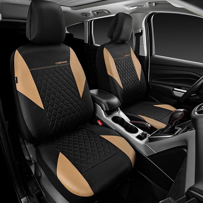 CAR PASS Quilting Leather Front Seat Covers, Automotive Waterproof Deluxe PU Premium Vinyl Luxury Two Front Seats Only Universal Fit for Cars Sedans SUVs Airbag Compatible,2 Pieces,Black&Beige