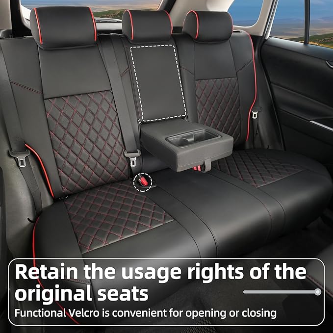 Lolcar Rav4 Seat Covers Custom Fit for Toyota Rav4 (for Hybrid) 2019-2025 LE,XLE,XLE Premium,Limited,Woodland Edition, Leather Truck Seat Cover Full Set for SUV,Faux Leather（Black with Red Trim）