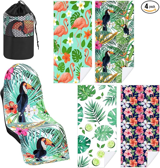 4 Pack Car Seat Towel Covers with Storage Bag 63 x 32 Inch Athletic Running Towel Seat Sweat Washable Non Slip Cover Gift for Car Outdoor Sport Activities (Tropical Summer Flower)