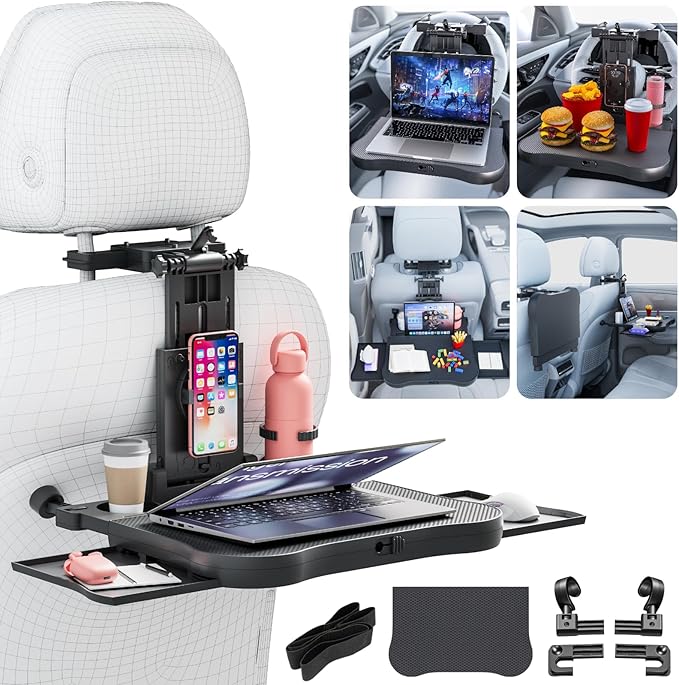 Large Foldable Backseat Tray Table, Car Laptop Desk with Cup Holder, Back Headrest Passenger Food Tray, Phone Tablet Holder, Multifunctional Travel Desk, Car Essentials for Kids & Long Road Trips