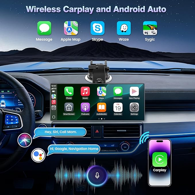 11.5" Portable Carplay Screen for Car,Wireless Car Play Screen with Carplay,Android Auto,OTA Updates,60FPS,4K Dash Cam + 1080P Backup Cam (with a Camera Bracket),Voice Control,GPS Navigation