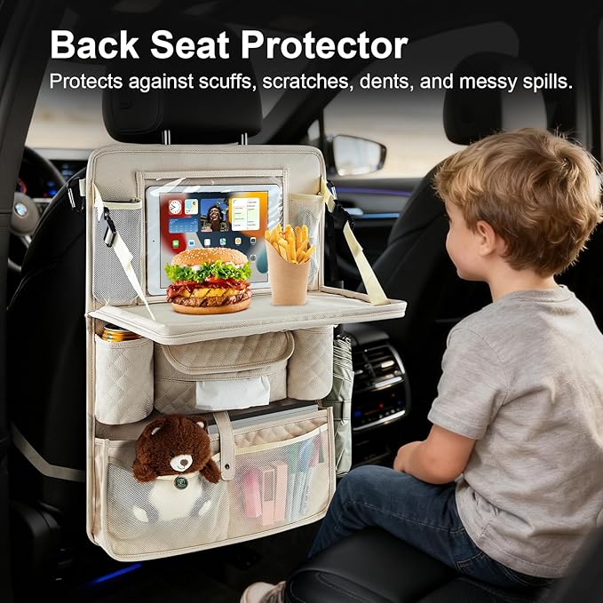 Car Backseat Organizers 2 Pack with Foldable Trays - PU Leather Back Seat Organizers with 11 Storage Pockets, Tablet Holders, Seat Back Protectors for Kids Family Travel Accessories (Beige)