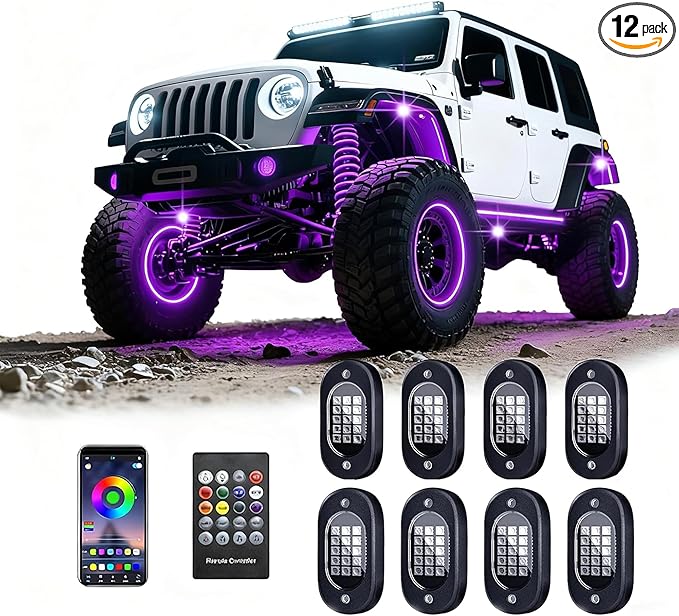 RGB LED Rock Lights Kit with APP/RF Remote Control Music Mode, Enhanced Underglow Lights Multi Zone Neon Underbody Light Multi Color 12V Waterproof for Trucks Jeep UTV ATV Golf Cart Offroad (12, p)