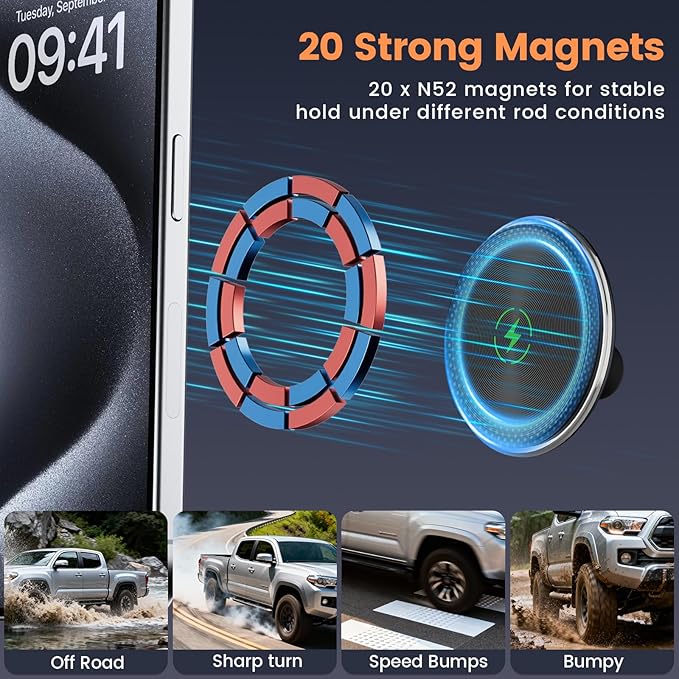 Kaishengyuan Car Wireless Charger Magnetic Phone Mount Compatible with 2024-2026 Toyota Tacoma & 2025-2026 4 Runner, 360° Rotation Metal Phone Holder Cradles Bracket Dash Stand for All Smartphones