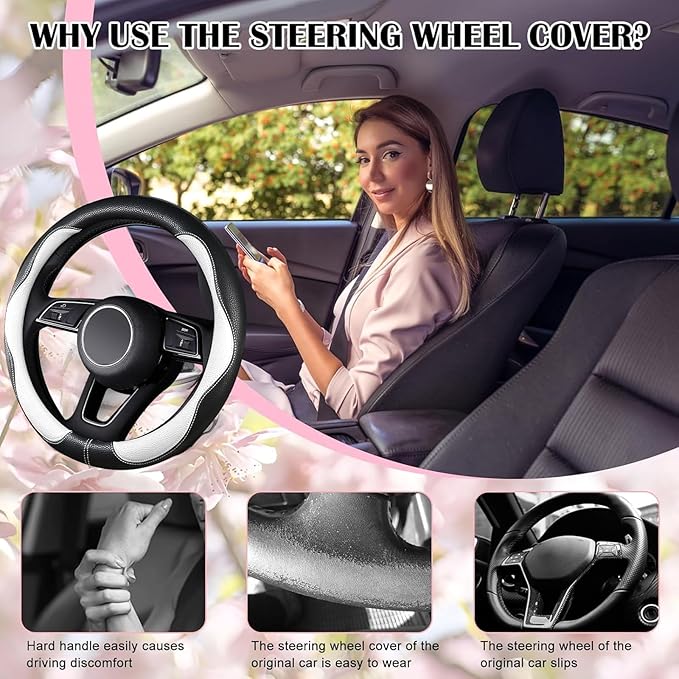 SuperKaKa Car Steering Wheel Cover 2024, Universal Auto PU Cute Breathable Slip-Proof Comfort Imitation Leather Protector Cars Interior Accessories for Women Men Fit Most Vehicle (White)