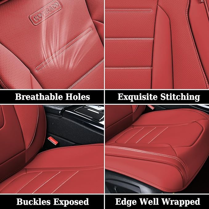 Coverado Car Seat Covers Full Set, Nappa Leather Seat Covers for Cars, Car Seat Protector Car Seat Cushion, Front and Back Seat Protectors Cushions Universal Fit for Most Cars Vehicles(Red)