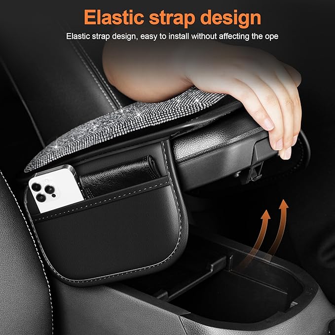 Bling Car Center Console Cover Custom Fit for Jeep Wrangler - Leather Armrest Cover with 2 Storage Pockets and Crystal Rhinestones(Black)
