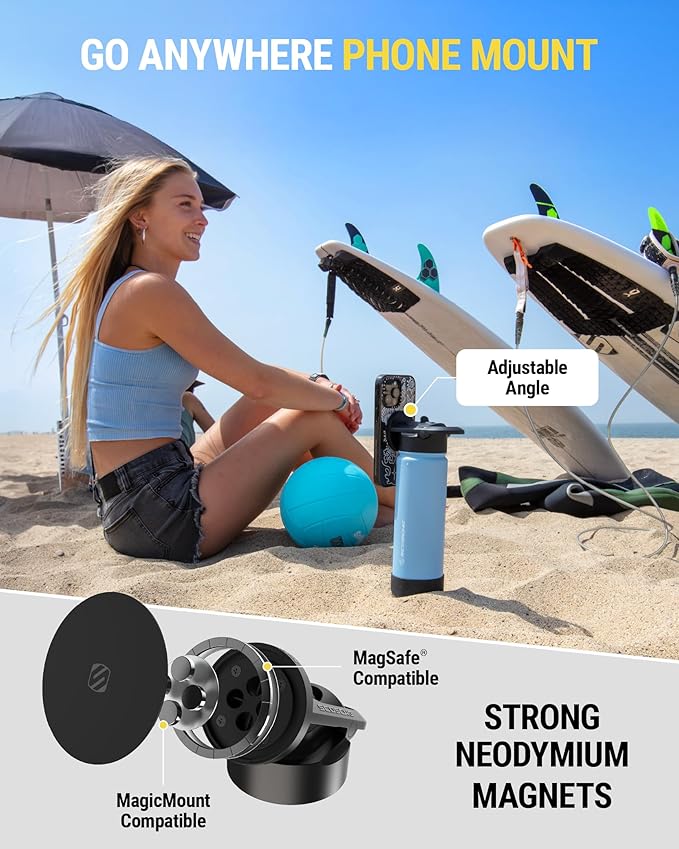 Scosche MFMS32 MagicMount Flask 32 oz Stainless Steel Water Bottle with MagSafe Phone Mount Stand, 12H Hot & 24H Cold, Insulated Flask with Magnetic Phone Holder for Gym, Travel, Sports, 32oz, Blue