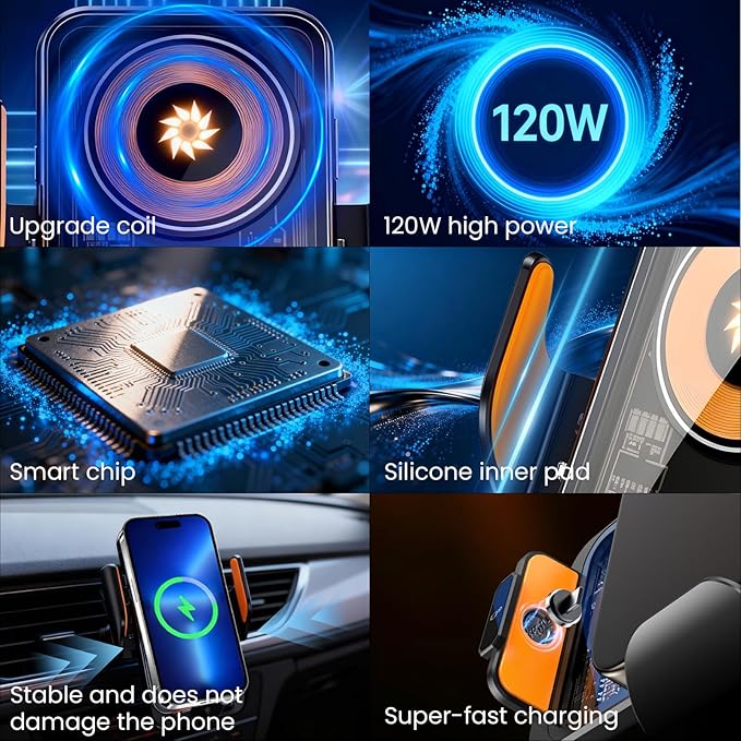 Fast Wireless Car Charger Wireless Charging Phone Mount for Car Magnetic Navigation Car Phone Holder Automatic Smart Sensor Clamping Rotating with Charger Station Fast Wireless Charger Max 120W(Black)