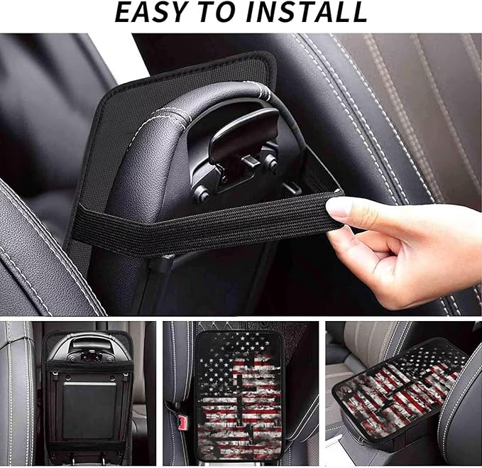American Flag Center Console Cover Patriot Star Stripe Cross Polyester Arm Rest Covers Armrest Pad Cushion Car Accessories Fit for Most Cars Sedans Vans Truck Vehicles, SUVs