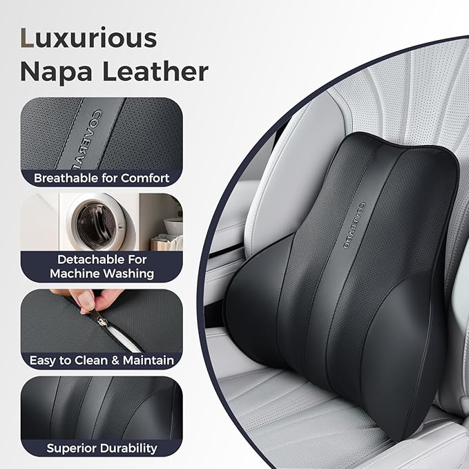 Coverado Lumbar Support Pillow for Car, Ergonomic Memory Foam Back Pillow for Office Chair, New Back Cushion for Pain Relief, PU Leather Car Lumbar Support for Driving Seat Black