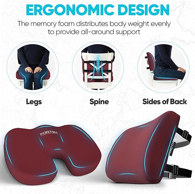 FORTEM Seat Cushion, Office Chair Cushion, Lumbar Support Pillow for Office Chair, Memory Foam Sciatica Coccyx Tailbone Pressure Pain Relief, Car Sitting Pad, Washable Non Slip, XL