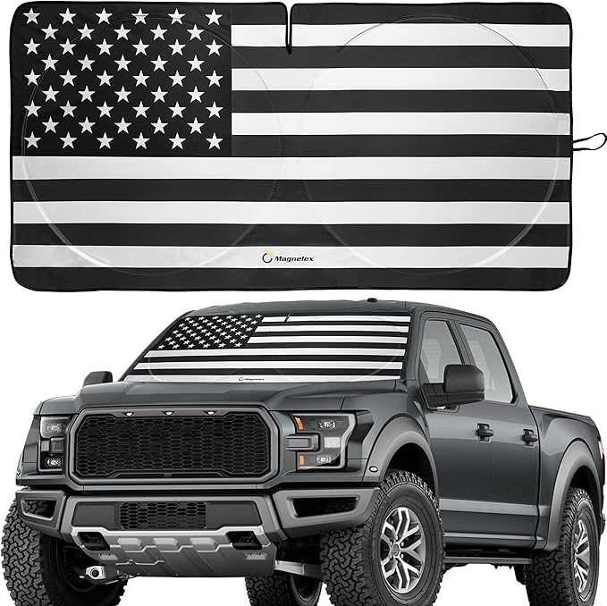 Magnelex American Flag Windshield Sun Shade, High-Resolution Sun Shield with Mirror Cut-Out for Automotive Interior Sun and Heat Protection, Folding Car Sunshade - X-Large, Black & White