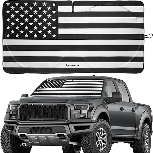 Magnelex American Flag Windshield Sun Shade, High-Resolution Sun Shield with Mirror Cut-Out for Automotive Interior Sun and Heat Protection, Folding Car Sunshade - X-Large, Black & White