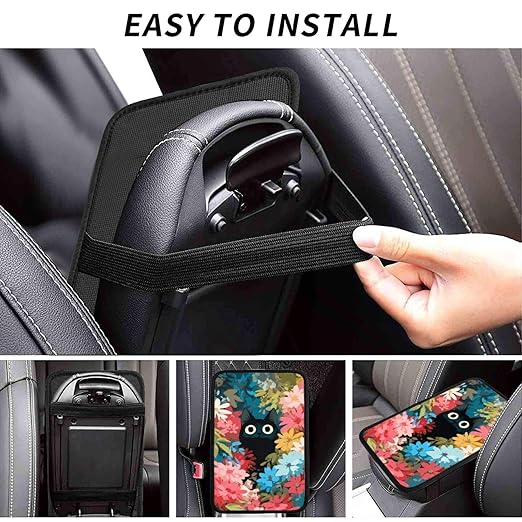 Black Cat Big Eyes Colorful Flowers Car Auto Armrest Cushion Cover Accessories Center Console Seat Box Pad Protector Universal Decoration for Most Vehicle SUV Truck