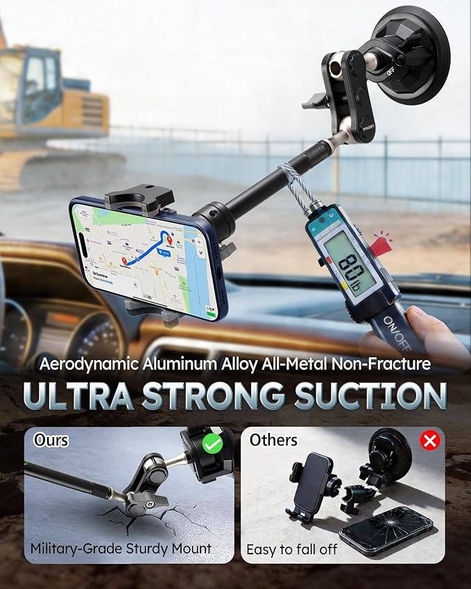 Heavy Duty Truck Phone Mount, Aluminum 360° Rotating Anti-shake Suction Cup Phone Mount, 14.5" Long Arm Metal Windshield Phone Holder for Car Truck Semi, Fits Thick Cases F-150 Silverado RAM Kenworth