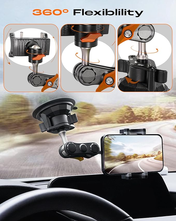 chubbycable ChubbyGrip Car Phone Holder 360° Adjustable Cell Phone Car Mount Ultra-Durable Metal Car Phone Mount for Windshield, Suction Cup Phone Mount for iPhone Samsung All Smartphone, Clamp