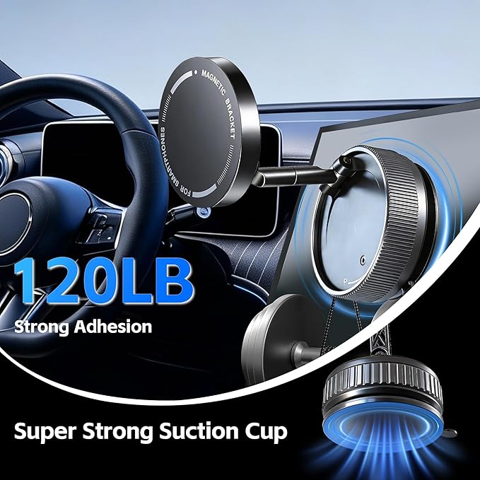 Car Phone Holder [120LBS Strongest Suction 2800gf Magnetic], 360° Adjustable for Magsafe Car Mount, Car Phone Mount for Cars/Gyms/Mirrors/Shower Stalls, Compatible with iPhone and Android Devices (1)