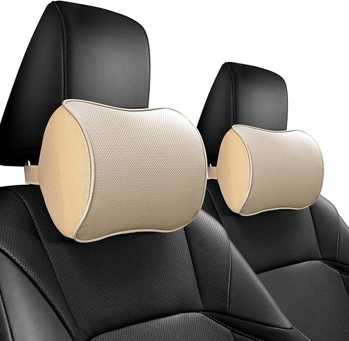 Car Headrest Pillow, Soft Memory Foam Car Neck Pillow with Adjustable Strap, Removable Breathable Cover for Long Drives & Office (Beige, Pack of 2)