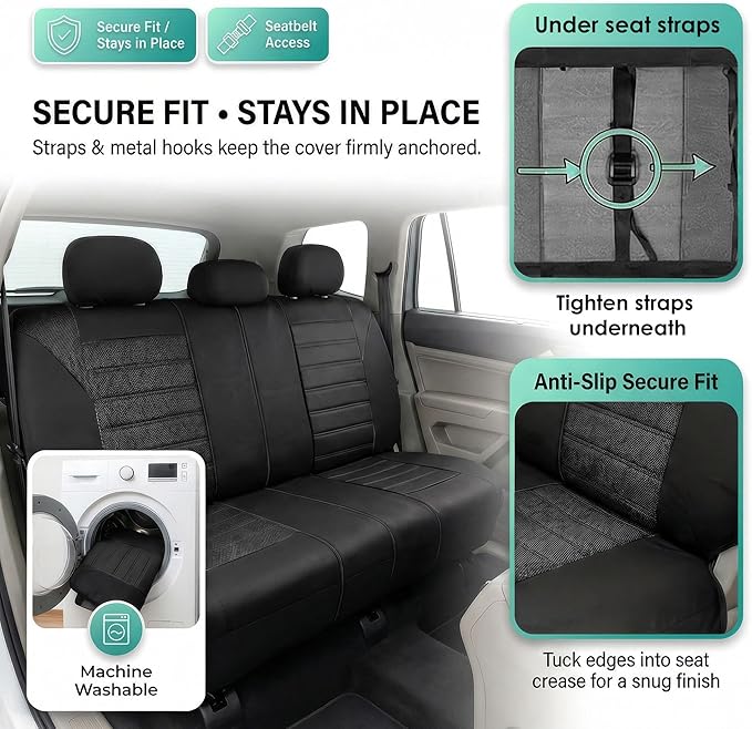 FH Group Automotive Car Seat Covers Rear Set Premium 3D Air Mesh Seat Covers, Airbag Compatible and Split Bench Cover Universal Fit Interior Accessories for Cars Trucks and SUVs - Black