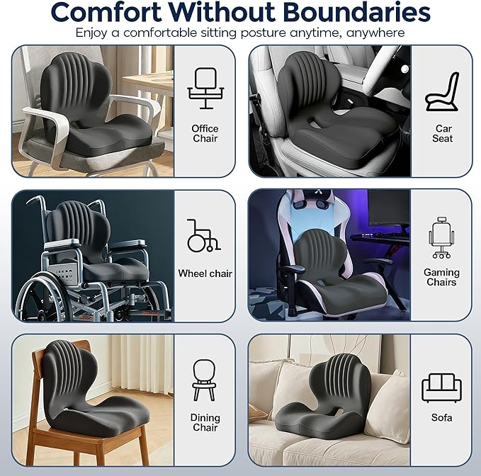 Seat Cushion for Office Chair and Car, L-Shaped Ergonomic Seat Cushions,Memory Foam Orthopedic Cushion with Coccyx Hollow,Lumbar Support & Tailbone Pain Relief for Car, Truck, Home,Gaming Chair,Gray