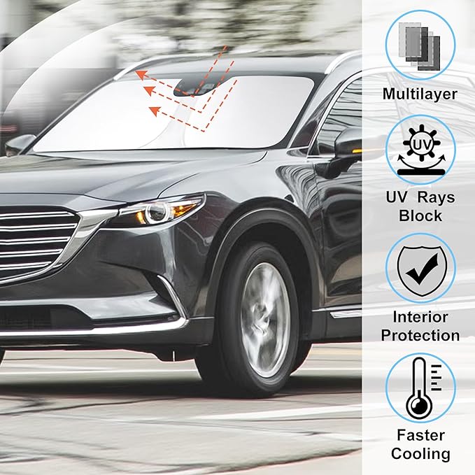 Windshield Sun Shade Custom Fit for 2016-2024 2025 2026 Mazda CX-9 CX9 Accessories Foldable Sunshade Sun Blocker Protect Car from Sun Rays & Heat Damage Keep Car Cooler