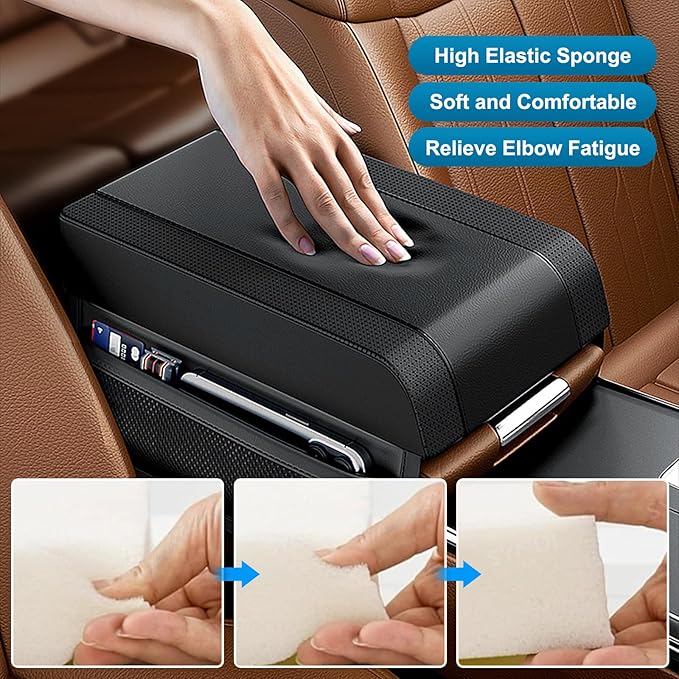 Car Center Console Cover, Upgraded Memory Cotton Auto Armrest Cushion with 2 Storage Bags, Waterproof Middle Console Cover Arm Rest Box Pad Car Interior Accessories for Most Vehicles