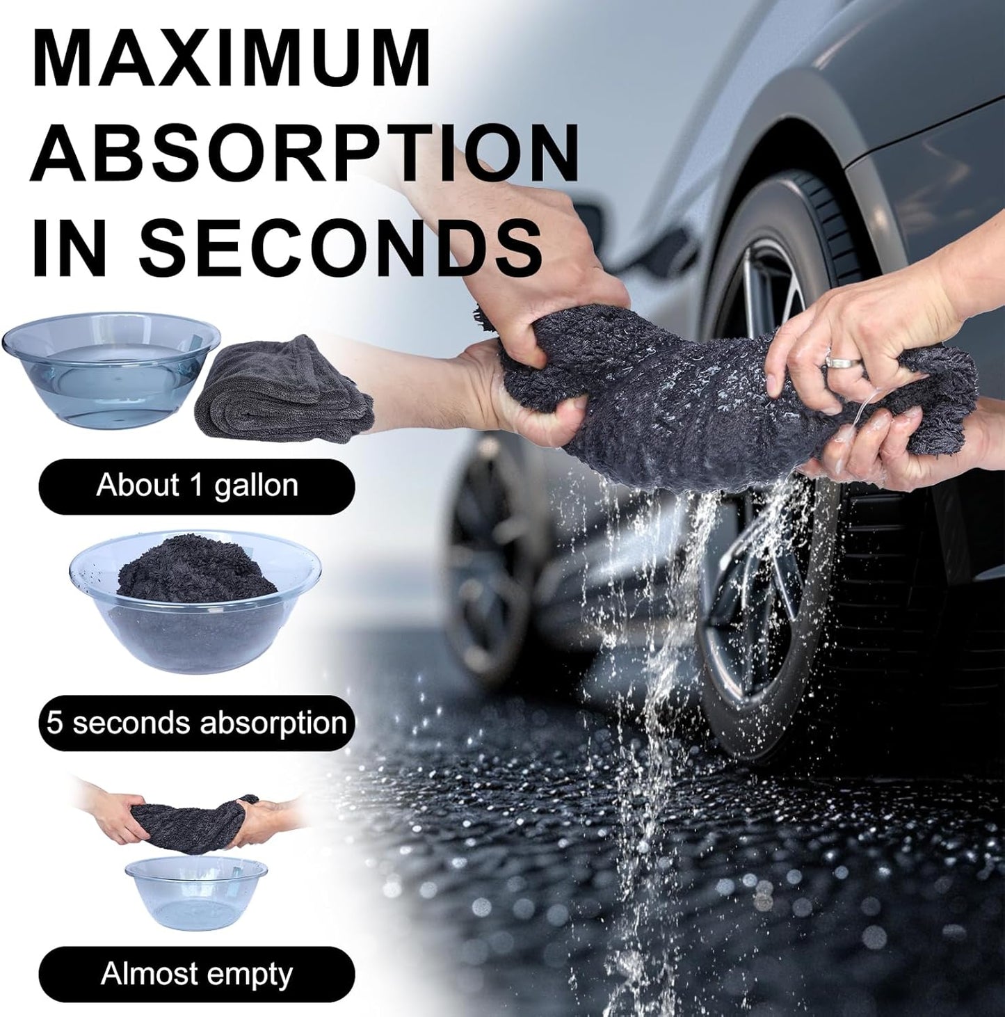 2 Pack XL Car Drying Towel – 1300GSM Ultra Absorbent Microfiber, 24"x36" Large Size, Twisted Loop, Lint-Free & Streak-Free for Auto Detailing, Car, SUV, Truck (Gray-Gray)