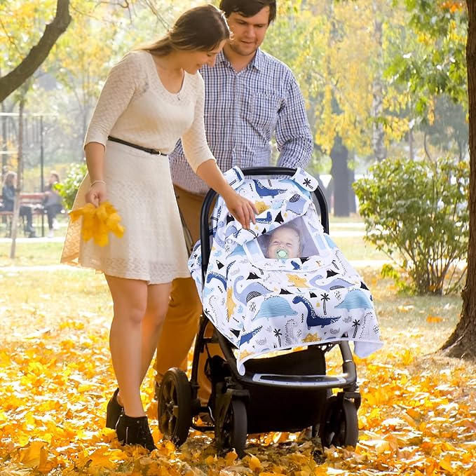 THE KENKYO Car Seat Cover for Babies, Breathable Carseat Cover for Boys Girls, Kick-Proof Infant Car Seat Canopy with Mesh Peep Window and Sun Shade, Windproof Stroller Cover for All Seasons
