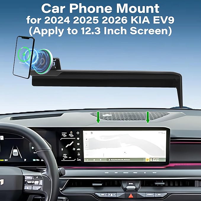 Car Phone Holder for Kia EV9 2024 2025 2026 Accessories Apply to 12.3 Inch Touch Screen 15W Fast Wireless Charger Screen Fixed Clip Cell Phone Mount Hands-Free 360 Degree Rotation